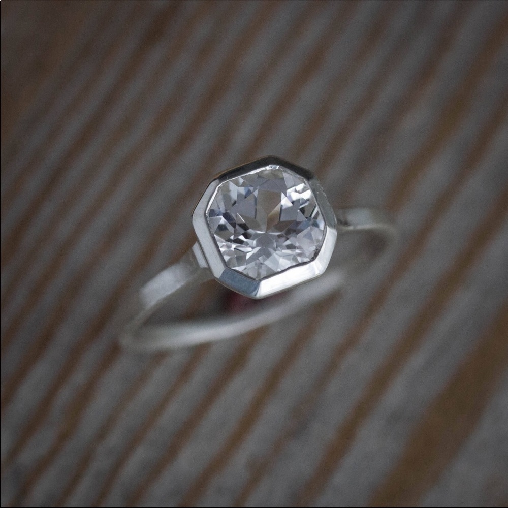Hand Crafted Natural White Topaz Gemstone Sterling Silver Ring Size 5